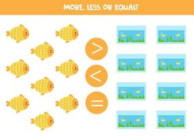 More, less or equal with cute cartoon fish and aquarium. vector