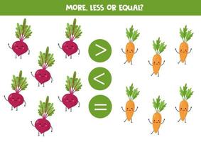 More, less or equal with cute cartoon beetroot and carrot. vector