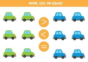 More, less or equal with cute cartoon cars. vector