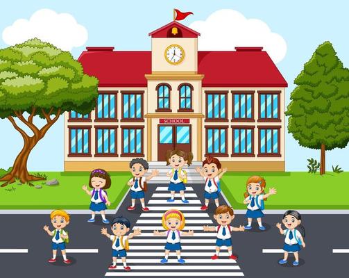 Students cartoon in front of school
