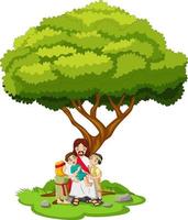 Jesús de dibujos animados está sentado debajo de un árbol con niños. vector