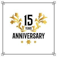 15th anniversary logo, luxurious golden and black color vector design celebration.