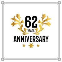 62nd anniversary logo, luxurious golden and black color vector design celebration.