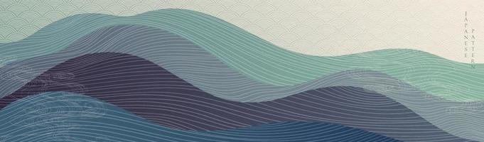 Japanese background with line wave pattern vector. Abstract art banner with geometric pattern. Mountain and ocean sea object in vintage style. vector