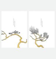 Pine tree vector with hand drawn line vector. Bonsai decoration with gold texture template design in vintage style