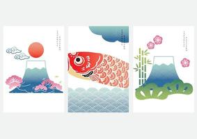 Japanese background with Fuji mountain and carp fish vector. Asian icon with colorful geometric pattern in vintage style. vector