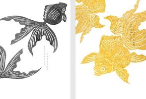 Gold fish background with Japanese wave pattern vector. Gold and black texture with animal elements in vintage style. vector