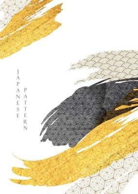 Japanese background with gold and black texture vector. Asian brush stroke element illustration in vintage style. Geometric pattern with abstract art banner design.