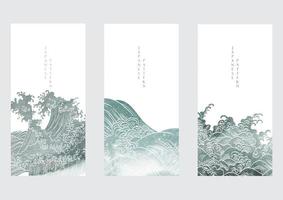 Japanese background with watercolor texture painting texture vector. Oriental natural wave pattern with ocean sea decoration banner design in vintage style. vector