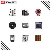 Modern Set of 9 Filledline Flat Colors Pictograph of computer technology cinema products disc Editable Vector Design Elements