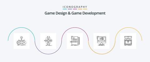 paquete de iconos de línea 5 de diseño y desarrollo de juegos que incluye editor. animación. bosquejo. guion. expediente vector