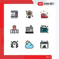 Pack of 9 Modern Filledline Flat Colors Signs and Symbols for Web Print Media such as document commerce public cashbox map Editable Vector Design Elements