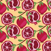 Pomegranate pattern. Whole and pieces of  garnet fruit with seeds flat vector