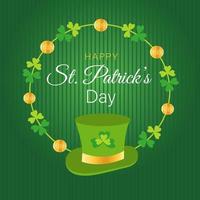 St Patrick's Day greeting card   green hat  and frame of clover and money and coins and rainbow vector