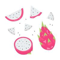 conjunto de pitahaya y trozos de fruta de dragón sobre fondo aislado vector