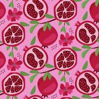 Pomegranate pattern. Whole and pieces of  garnet fruit with seeds flat vector