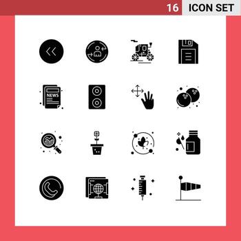 16 glifos sólidos universales establecidos para aplicaciones web y móviles altavoces blog vehículo tirado por caballos artículo oficina elementos de diseño vectorial editables vector