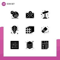 Group of 9 Modern Solid Glyphs Set for cube abstract map knowledge idea Editable Vector Design Elements