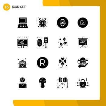 Editable Vector Line Pack of 16 Simple Solid Glyphs of laptop computer hryvna ui image Editable Vector Design Elements