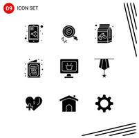 Group of 9 Modern Solid Glyphs Set for monitor new coffee happy card Editable Vector Design Elements