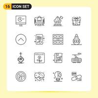 Pack of 16 Modern Outlines Signs and Symbols for Web Print Media such as media present chef hat gift box Editable Vector Design Elements