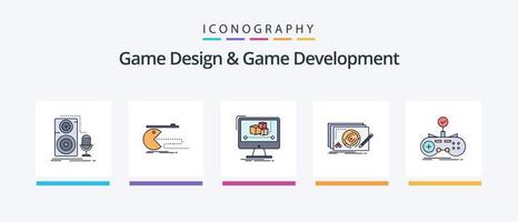 La línea de diseño y desarrollo de juegos llenó un paquete de 5 íconos que incluye el juego. personaje. programa. guion. expediente. diseño de iconos creativos vector