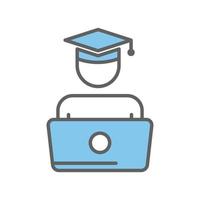 Student icon illustration with computer laptop. suitable for online graduation. icon related to education. Two tone icon style. Simple vector design editable