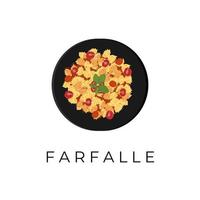 ilustración del logo de pasta farfalle con salsa de tomate y tomates frescos vector