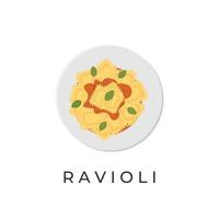 ilustración del logotipo de pasta ravioli con salsa de tomate picante en un plato blanco vector