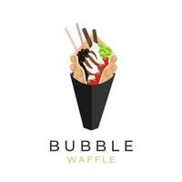 logotipo de ilustración de helado de waffle de burbuja con cobertura de fruta fresca y rollo de oblea vector