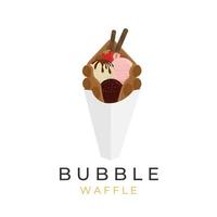 ilustración del logotipo huevo waffle helado chocolate vainilla y fresa con cobertura de frutas y rollo de oblea vector