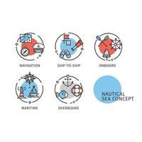 Nautical Sea Concept Thin Line Icons Labels Set. Vector