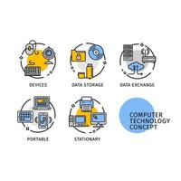 conjunto de etiquetas de iconos de línea delgada de concepto de tecnología informática. vector