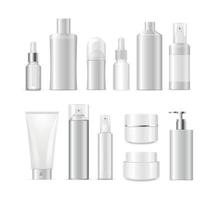 Realistic Detailed 3d White Blank Cosmetic Bottle Set. Vector