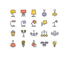 Lamp Lighting Sign Color Thin Line Icon Set. Vector