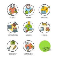 School Concept Thin Line Icons Labels Set. Vector