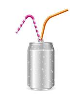 Realistic Detailed 3d Empty Template Steel Can with Wet Strollers and Plastic Straw. Vector