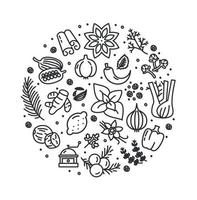 Spices and Herbs Round Design Template Contour Lines Icon Concept. Vector