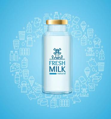 Fresh Milk Concept with Bottle and Thin Line Icons. Vector