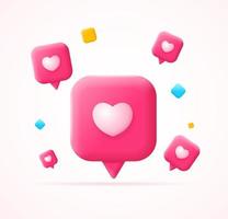 3d cayendo como notificación con estilo de dibujos animados de concepto de redes sociales en forma de corazón. vector