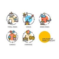 Amusement Park Concept Thin Line Icons Labels Set. Vector