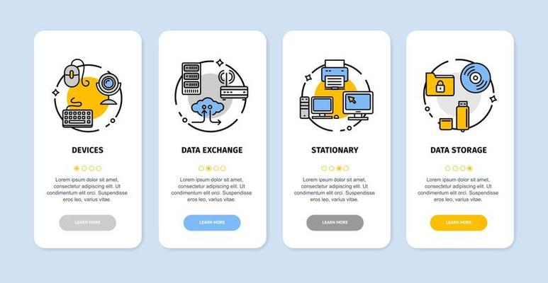 Computer Technology App Screens Cards Set. Vector