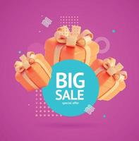 Big Sale Poster Banner Card with Realistic Detailed 3d Present Box and Abstract Memphis Style Elements. Vector