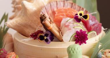 A colorful bowl of delicious fish meat - Kabuki Sushi -close up video