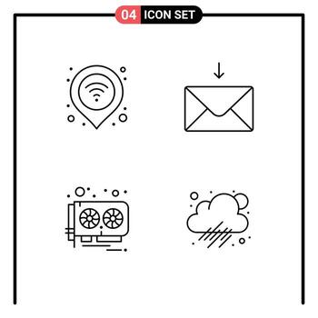 4 Universal Line Signs Symbols of internet hardware signal message video card Editable Vector Design Elements