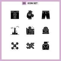 Group of 9 Solid Glyphs Signs and Symbols for landmark canada accessories buildings shorts Editable Vector Design Elements