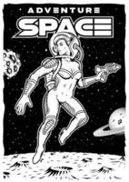 cartel espacial vintage con pin up chica astronauta vector