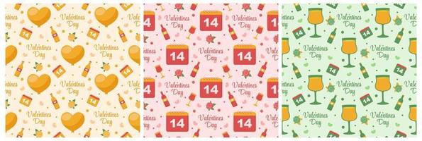 conjunto de feliz día de san valentín diseño de patrones sin fisuras amor plantilla de tarjeta de felicitación dibujado a mano ilustración plana de dibujos animados vector