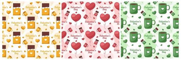 conjunto de feliz día de san valentín diseño de patrones sin fisuras amor plantilla de tarjeta de felicitación dibujado a mano ilustración plana de dibujos animados vector