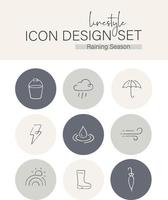 conjunto de diseño de iconos de estilo de línea temporada de lluvias vector